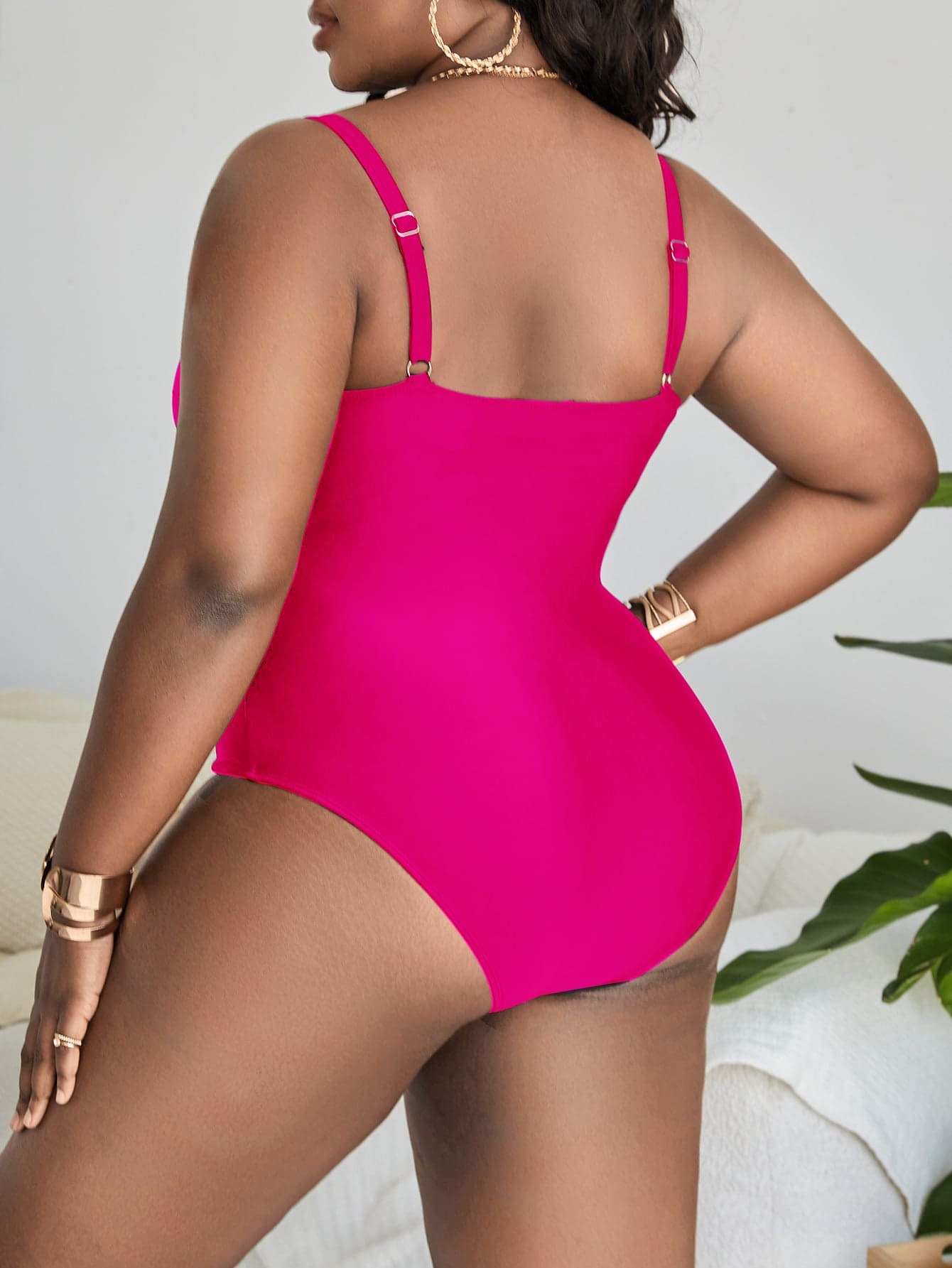 Solid Color Deep V Sexy Hollow Plus Size One-piece Swimsuit